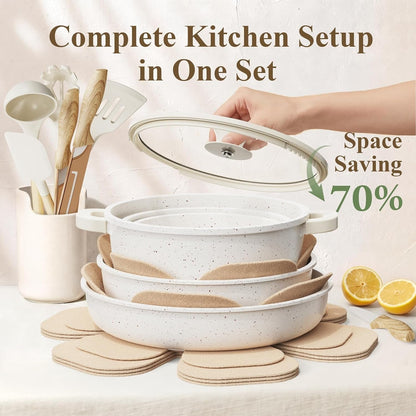 31Pcs Pots and Pans Set Non Stick Ceramic Cookware Set W/Removable Handle | Non Toxic, Pfas-Free, Durable, Space Saving, Induction Compatible, Dishwasher Safe, 3Pcs Knife Set, 4Pcs Placemat Set2