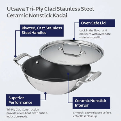 Utsava Tri-Ply Clad Stainless Steel 4-Quart Kadai with Lid | Ceramic Non Stick Interior, Induction-Ready Large Kadhai Pot for Indian Cooking3