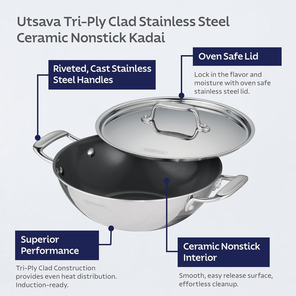 Utsava Tri-Ply Clad Stainless Steel 4-Quart Kadai with Lid | Ceramic Non Stick Interior, Induction-Ready Large Kadhai Pot for Indian Cooking3