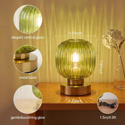 Green Touch Glass Table Lamp, 3-Way Dimmable Bedside Lamp, Vintage Mid-Century Modern Small Nightstand Lamp for Bedroom and Living Room, Ambient Mood Lighting, LED Bulb Included5