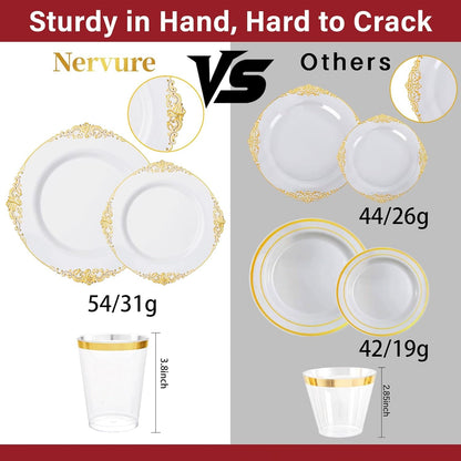 350Pcs Gold Plastic Plates, Disposable Dinnerware Set for 50 Guests3