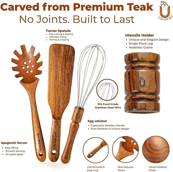 11-Piece Teak Wooden Utensil Set with Holder, Non-Toxic Natural Teak Cooking Utensils, Heat-Resistant Wooden Spatula, Wok Turner, Spaghetti Server, Soup Ladle, Whisk & Tongs7