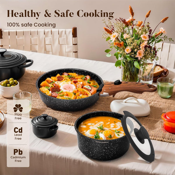 Removable Handle Induction Pots and Pans Set - 10 Piece Non-Stick Cookware Sets, Black Granite Stackable RV Cookware for Camp | Stackable Nonstick Cookware Set with Detachable Handle. Oven & Induction Safe, Space-Saving Design for Camping.5