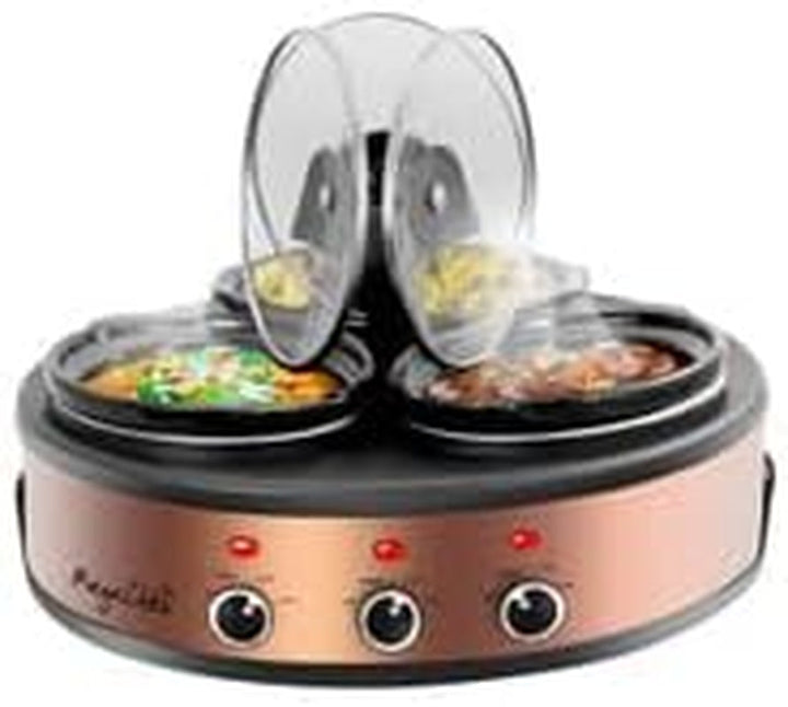 Round Triple 1.5 Quart Slow Cooker and Buffet Server in Brushed Copper and Black Finish with 3 Ceramic Cooking Pots and Removable Lid Rests+2