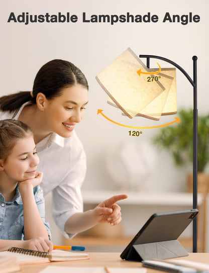 60" Modern Floor Lamp with Beige Shade, 9W LED Bulb | 3 Color Temperatures Bulb, Adjustable Linen Shade, Standing Lamps for Living Room Bedroom Office Classroom Dorm, Black Pole3