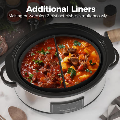 6 Quart Programmable Slow Cooker with 2 in 1 Silicone Liners, Food Warmer with Auto Warm Setting and Digital Timer, 3 Cooking Settings, Dishwasher Safe Ceramic Pot & Glass Lid, Silver7