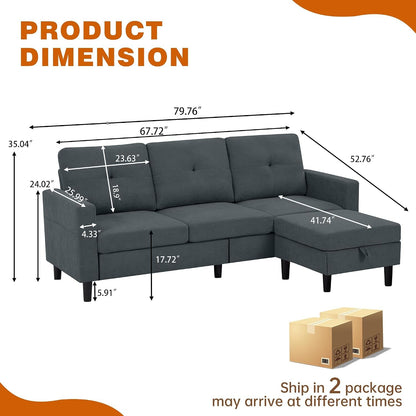 80" Convertible Sectional Sofa Couch with Movable Ottoman, 3 Seats Sectional Sofas L Shaped Couch for Small Spaces, Soft Fabric Couch for Living Room (Dark Grey)2