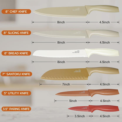 12-Piece Kitchen Knife Set, Stainless Steel Chef Knives Set with 6 Blade Guards, Sharp Kitchen Cooking Knife with Ergonomic Handle, Anti-Rust & Easy to Clean (Multicolor)2