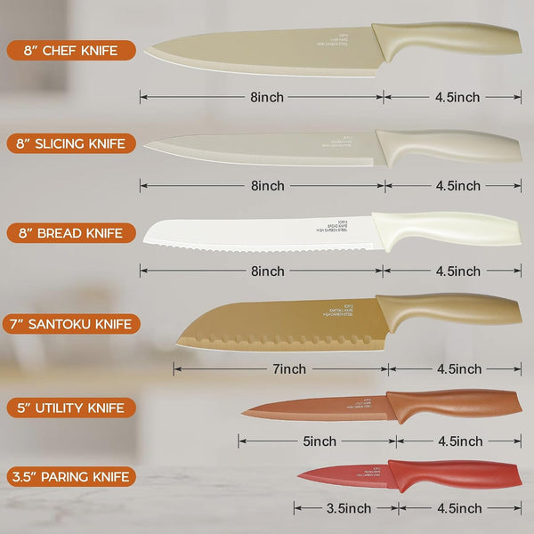 12-Piece Kitchen Knife Set, Stainless Steel Chef Knives Set with 6 Blade Guards, Sharp Kitchen Cooking Knife with Ergonomic Handle, Anti-Rust & Easy to Clean (Multicolor)2