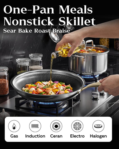 Nonstick Frying Pan with Lid 12-Inch, Durable Stainless Steel Skillet, Induction Cooktop Compatible, Pfoa-Free Scratch-Proof, Dishwasher & Oven Safe, Stay-Cool Handle, Silver Kitchen Cookware4