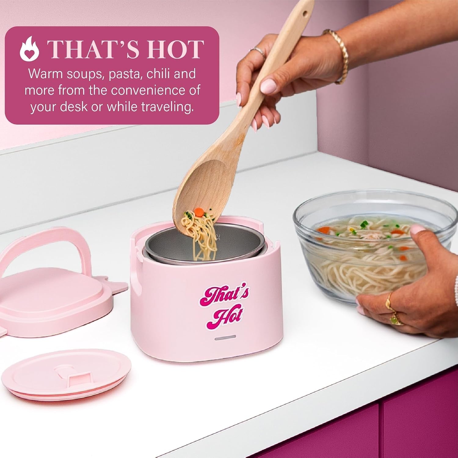 electric-lunch-warmer-20-ounce-stainless-steel-portable-food-container-with-sealing-lid-removable-2-5-cup-inner-dish-that-s-hot-front-decal-pink