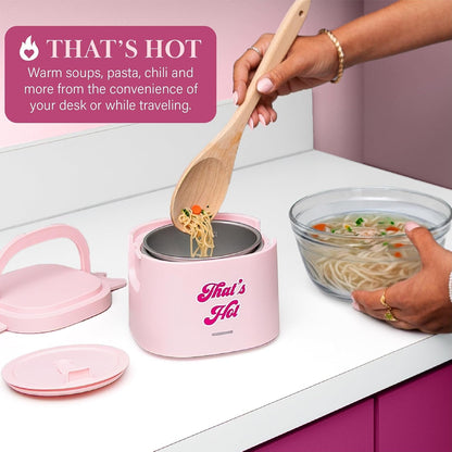 Electric Lunch Warmer, 20-Ounce Stainless Steel Portable Food Container with Sealing Lid, Removable 2.5-Cup Inner Dish, “That’S Hot” Front Decal, Pink4