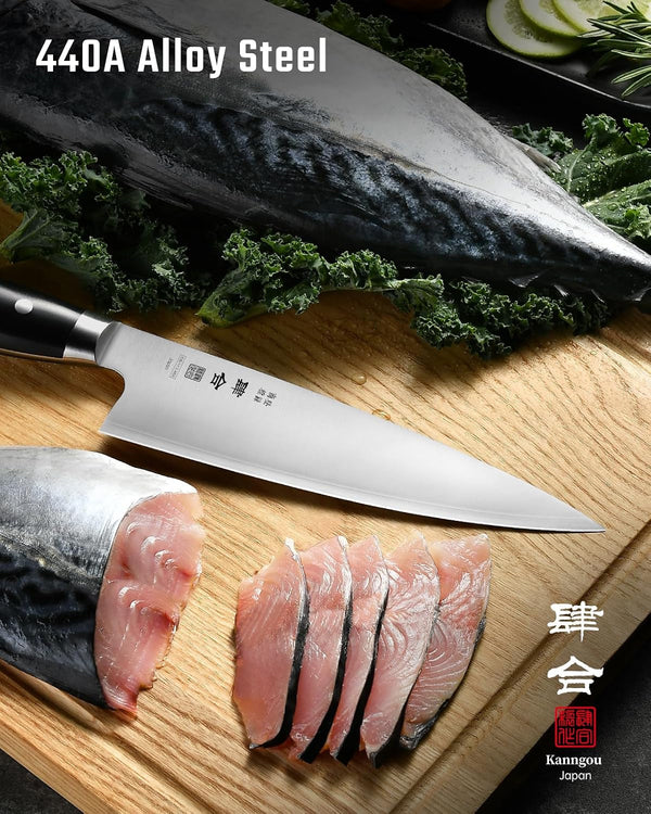 8 Inch Chef Knife, Kitchen Knife with 440A Alloy Steel, Japanese Chefs Knife with Gift Box and Full-Tang Black POM Handle6