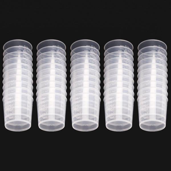50 Pack 30Ml Plastic Reusable Graduated Cups Transparent Scale Cups with 50 Pack Wooden Stirring Sticks for Mixing Paint, Stain, Epoxy, Resin3