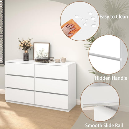 6 Drawer Dresser for Bedroom, Modern White Chest of Drawers No Handles Large Storage, Wood Dressers with Wide Drawers for Closet, Living Room, Home Office(43.3" W X13.4 Dx 26.4" H)4