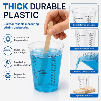Plastic Measuring Cups with Mixing Sticks, 8 Oz Clear Cup, 50 Pack5