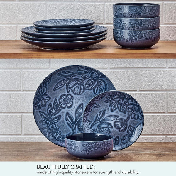 Paltzgraff Garden Elegance 12 Piece Floral Stoneware Dinnerware Plate Bowl Dish Set, Service for 4, Blue6
