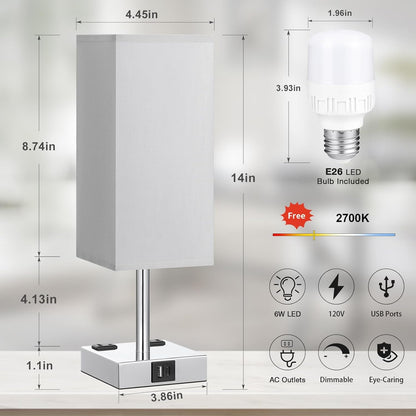 Touch Bedside Table Lamp for Bedroom - Dimmable, USB C+A, 2 AC Outlets | 3-Way Dimming, 3000K Bulb Included, Square Grey Lampshade and Silver Base, Desk Lamp for Nightstand, Living Room, Dorm6