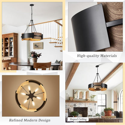 24" 6-Light Industrial Drum Chandelier with Walnut Grain Finish7