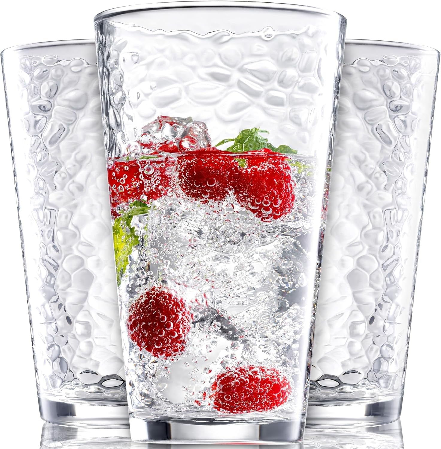 set-of-10-hammered-glass-cups-clear-heavy-base-drinking-glasses-16oz-stackable-durable-dishwasher-safe-freezer-safe-non-slip-100-food-grade-bpa-free-secure-packaging-eco-friendly