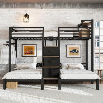 Twin Triple Bunk Bed for 3 with Storage Stair and Drawers, Black4