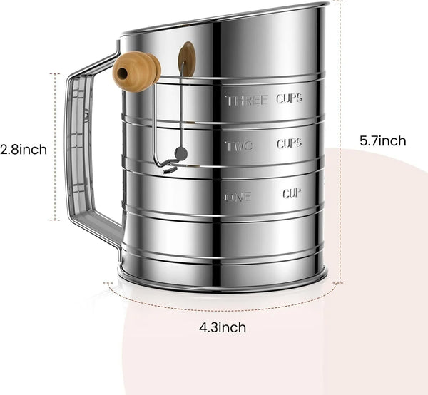 Flour Sifter for Baking, 3 Cup Hand Crank Sifter with Rotary | Excellent Stainless Steel, Professional Fine Mesh and Agitator Flour Duster3
