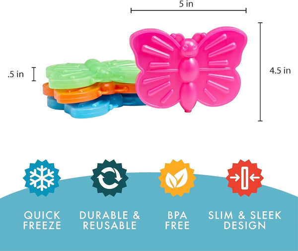 Cool Coolers by  Reusable Kids Lunch Box Ice Packs, 4Pk | Shaped Character Ice Packs for Kids, Slim Design for Lunch Bags & Coolers, Quick Freeze, Bpa-Free, Multicolored, Butterfly3