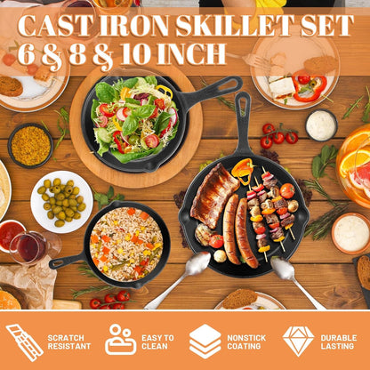 3 PCS Pre-Seasoned Cast Iron Skillet Set, 6", 8", 10" Cast Iron Frying Pan with Silicone Heat-Resistant Handles, Field Skillet Cast Iron Pans for Cooking, Frying, Saute, Cooking, Pizza - Black4