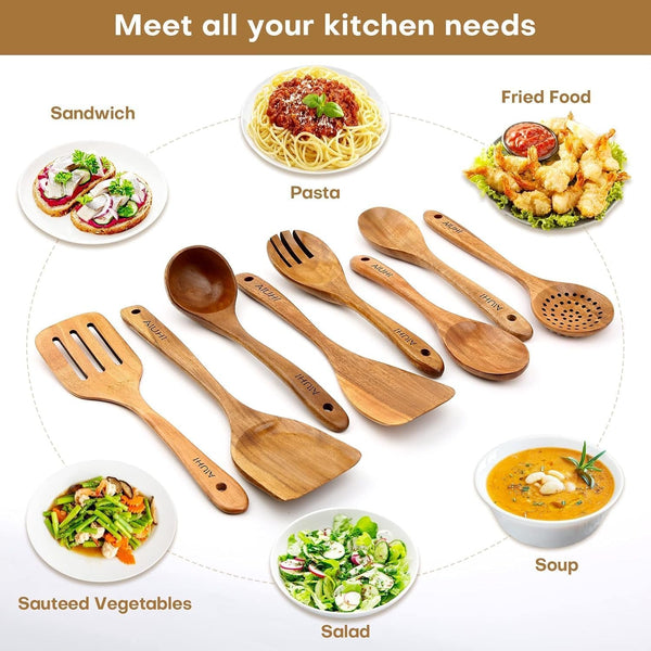 Teak Wood 8-Piece Wooden Kitchen Utensils Set, Wooden Spoons for Cooking, Smooth Wood Spatula Set for Nonstick Cookware, Daily Cooking, Housewarming Gift2