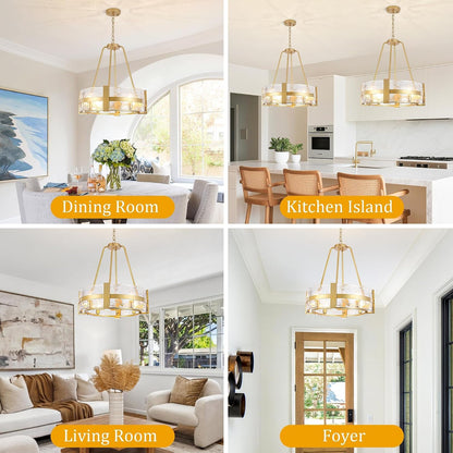 20.5" Gold Glass Dining Room Chandeliers Modern, Farmhouse Drum Chandelier8