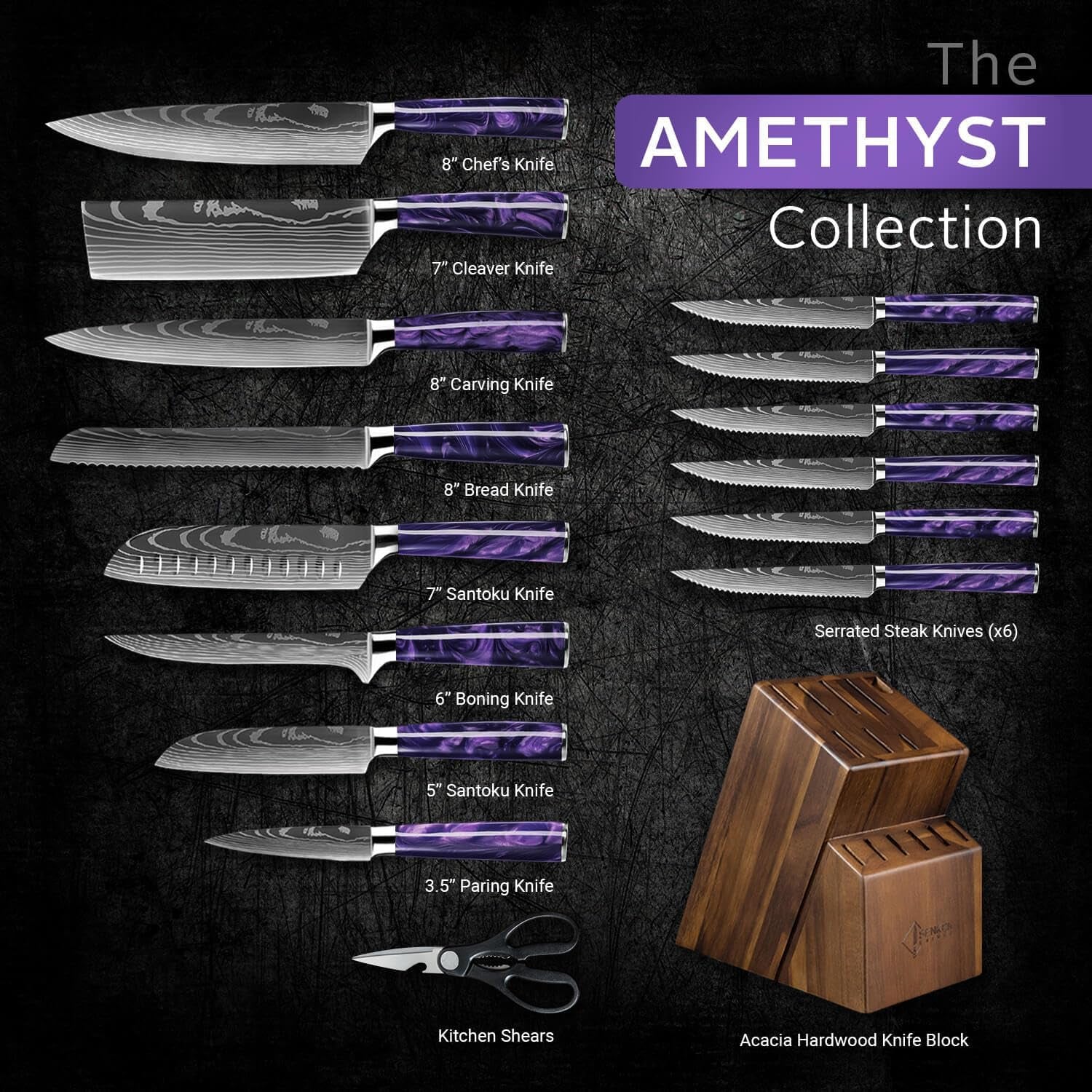 senken-16-piece-knife-block-set-japanese-high-carbon-stainless-steel-with-damascus-pattern-purple-resin-handles-6-steak-knives-acacia-hardwood-block-purple