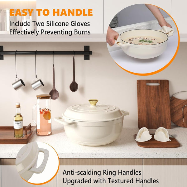 7.5QT round Dutch Oven, Enameled Cast Iron Dutch Oven Pot with Lid & Dual Handles, Oven Safe up to 500° F, for Sourdough, Bread Baking, Stews and Roasting, White6