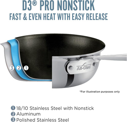 All-Clad D3 Pro Nonstick Stainless Steel 8" Fry Pan, Made in the USA | the Original Bonded Professional Cookware, Nonstick 8" Omelet Pan, Induction Compatible, Oven Safe up to 600F3