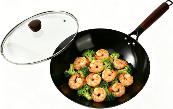 12” Carbon Steel Wok Pan with Lid, Woks & Stir-Fry Pans Nonstick, Pre-Seasoned Flat Bottom Wok for Induction Cooktop, Gas, Electric Stove, Halogen, BBQ & Camping, Open Fire1