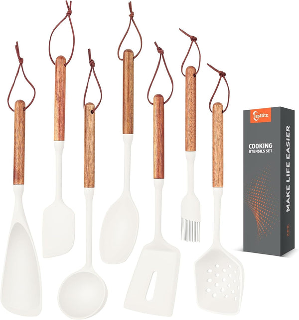 Silicone Cooking Utensils Set of 7, Wooden Handle (White)1