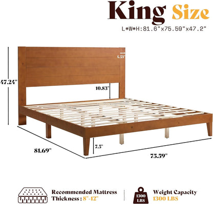King Size Solid Wood Platform Bed with Mid Century Style, Brown2