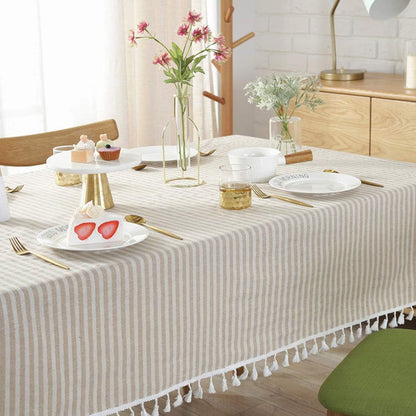 Stripe Tassel Tablecloth Cotton Linen Stain Resistant Dust-Proof Table Cloth Cover for Kitchen Dinning Tabletop Decoration (Rectangle/Oblong,55 X 79 Inch, Beige)4