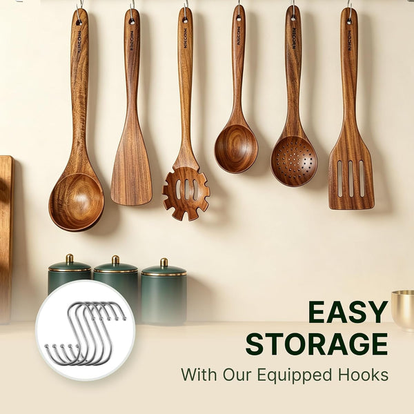 8 PCS Teak Wood Kitchen Utensil Set, Natural Wooden Cooking Spoons & Spatulas, Non Toxic Cooking Tools for Nonstick Cookware, Comfortable Handles, Easy Care6