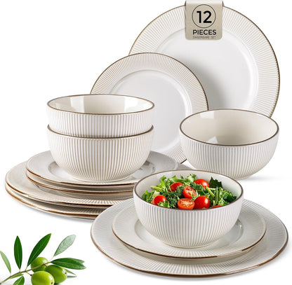 Ceramic Dinnerware Sets,12 Pcs Embossed Elegant Stoneware Plates and Bowls Sets, Housewarming Wedding Gift | Dishwasher & Microwave Safe | Dishes Set Service for 41