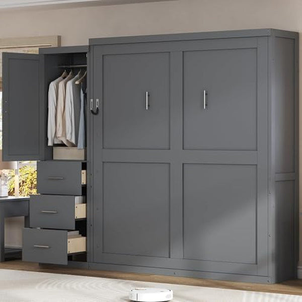 Queen Murphy Bed with Storage Drawers and Wardrobe,Solid Wood Farmhouse Horizontal Murphy Wall Bed Cabinet with Drawers for Bedroom Office Guest Room, Foldable (Queen,Gray)1