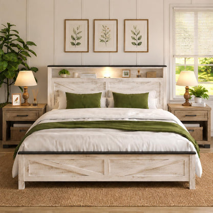 Farmhouse King Size Bed Frame with Headboard Storage Shelf, Wood Platform Bed Frame with LED Lights & Charging Station, Rustic White Metal Bed, No Box Spring Needed, Noise-Free Sturdy Structure1