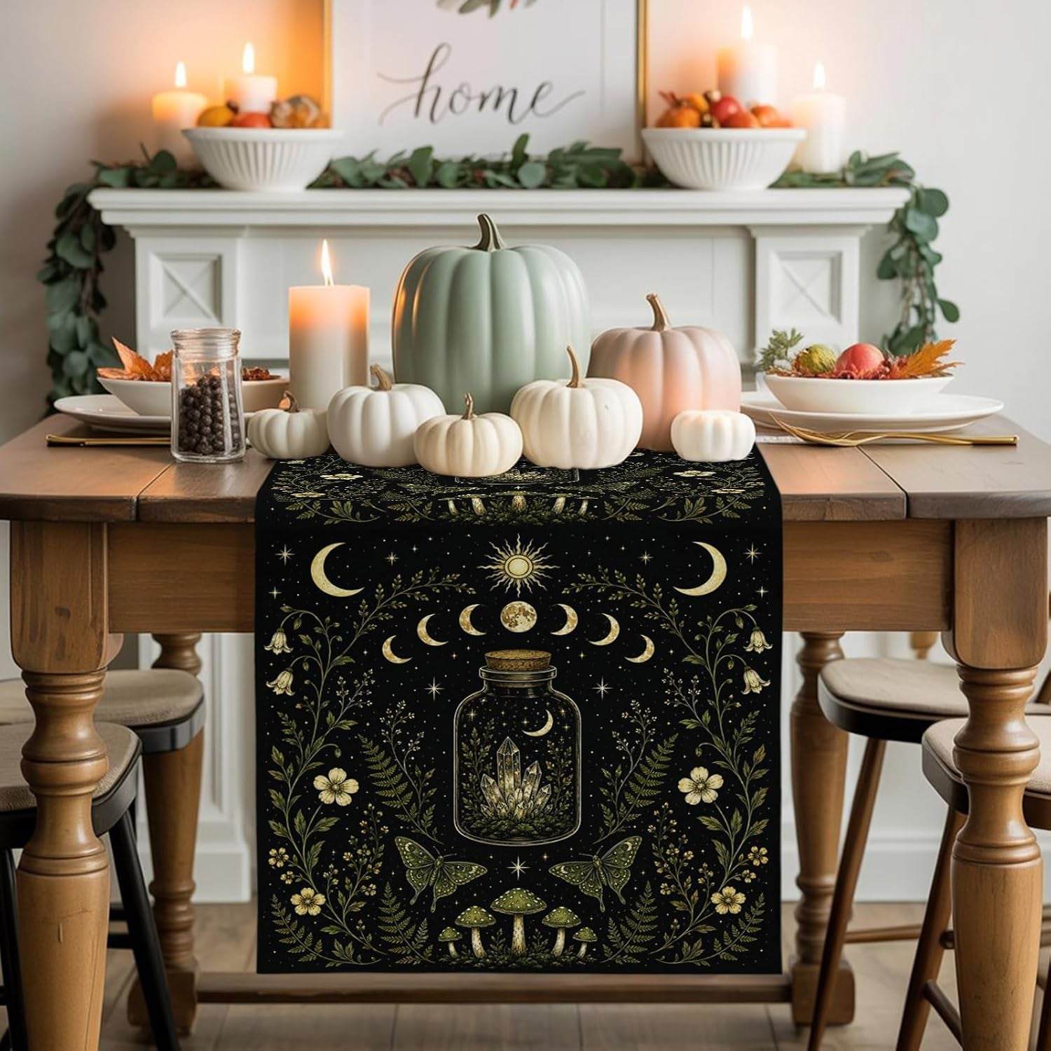 mystic-black-table-runners-72-inches-long-cotton-linen-fabric-table-runner-dresser-scarf-butterfly-golden-sun-moon-stars-flowers-leaves-tablerunner-for-party-kitchen-dinner-wedding-decor-13x72
