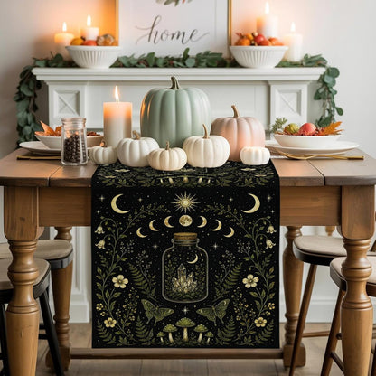 Mystic Black Table Runners 72 Inches Long, Cotton Linen Fabric Table Runner Dresser Scarf, Butterfly Golden Sun Moon Stars Flowers Leaves Tablerunner for Party/Kitchen/Dinner/Wedding Decor 13"X72"2