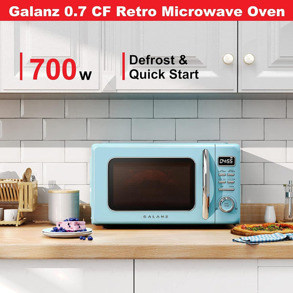 GLCMKZ07BER07 Retro Countertop Microwave Oven with Auto Cook & Reheat, Defrost, Quick Start Functions, Easy Clean with Glass Turntable, Pull Handle.7 Cu Ft, Blue & Keurig K-Mini3