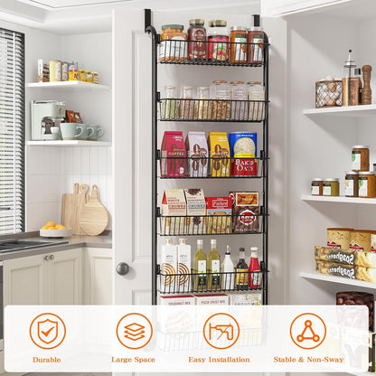 over the Door Pantry Organizers and Storage, 6-Tier Spice Rack, Home & Kitchen Storage Shelves for Cabinet, Large Capacity Hanging Seasoning Organizer, Laundry Room Organization, Black4