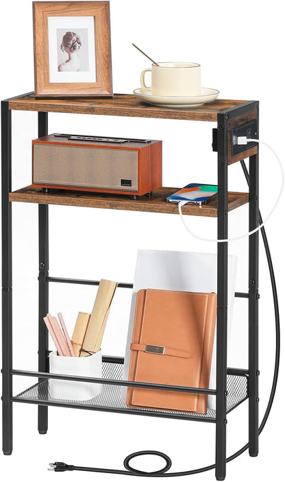 Small Narrow Side Table with Charging Station, Skinny End Table for Small Spaces, Slim Nightstand with USB Ports Outlet, Sofa beside Table with Storage Shelf, Rustic Brown and Black BF102UBZ018