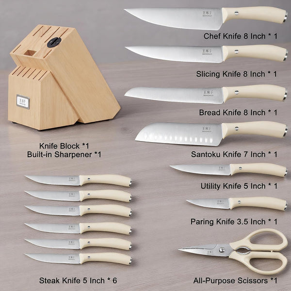 15‑Pcs Knife Block Set, High Carbon Steel, Natural | Built‑In Sharpener, Dishwasher‑Safe Knives, Full‑Tang Single‑Rivet, Varnished Hardwood Block for Improved Moisture Resistance2
