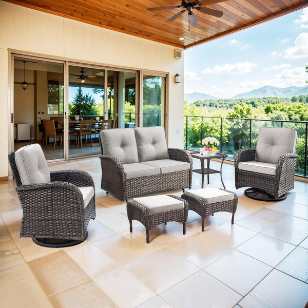 6 Pieces Wicker Patio Conversation Sets with Outdoor Swivel Rocker Chairs and Loveseat Glider Chair, All-Weather Rattan Furniture Set for Deck Patio Backyard Sunroom Brown1