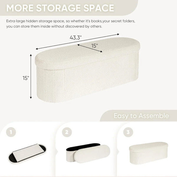 Ottoman with Storage for Living Room, Sherpa Folding Storage Ottoman Foot Rest, 43.3 Inches Collapsible Bedroom Bench White Cream3