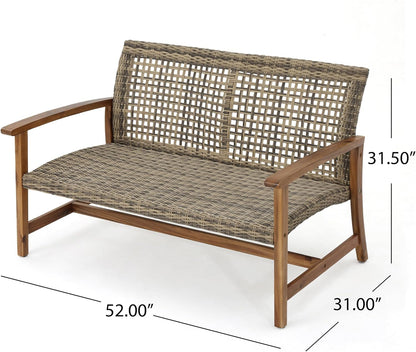 Outdoor 6 Piece Acacia Wood and Wicker Conversation Set with Fire Pit, Gray and Light Gray8
